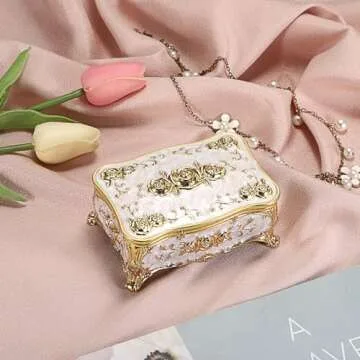 Hipiwe Metal Jewelry Box with Rose Pattern - Vintage Gold Trinket Organizer Box with Magnetic Latching Keepsake Storage Box for Ring Earrings Necklaces,Gift for Girls Women