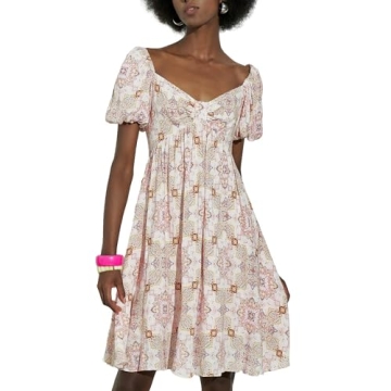 SIXDO Womens 2025 Summer Midi Dresses Knee Length Floral Ruffle Vintage Kaleidoscope Print Elastic S...