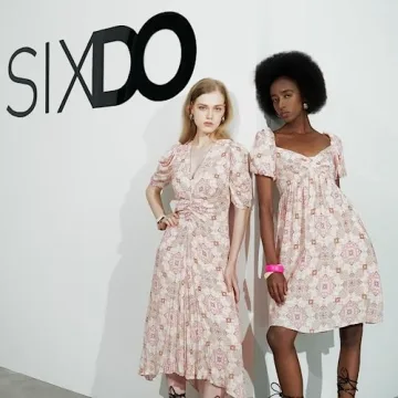 SIXDO Womens 2025 Summer Midi Dresses Knee Length Floral Ruffle Vintage Kaleidoscope Print Elastic Short Sleeve Flowy Swing Purple