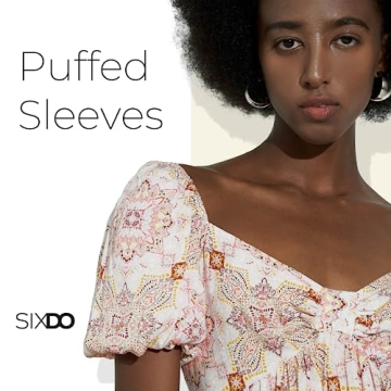 SIXDO Womens 2025 Summer Midi Dresses Knee Length Floral Ruffle Vintage Kaleidoscope Print Elastic Short Sleeve Flowy Swing Purple