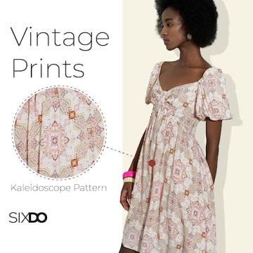 SIXDO Womens 2025 Summer Midi Dresses Knee Length Floral Ruffle Vintage Kaleidoscope Print Elastic Short Sleeve Flowy Swing Purple