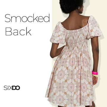 SIXDO Womens 2025 Summer Midi Dresses Knee Length Floral Ruffle Vintage Kaleidoscope Print Elastic Short Sleeve Flowy Swing Purple