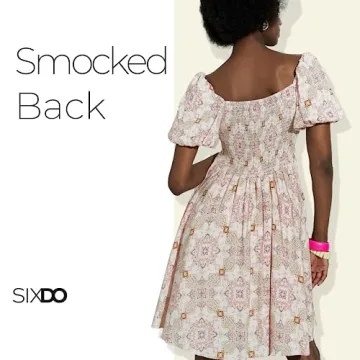 SIXDO Womens 2025 Summer Midi Dresses Knee Length Floral Ruffle Vintage Kaleidoscope Print Elastic Short Sleeve Flowy Swing Purple