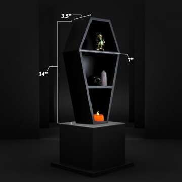 MANNY'S MYSTERIOUS ODDITIES Coffin Shelf with Coffin Gift Box and Spooky Accessories Set - Spooky Coffin Decor 14 by 7 Inches - Black
