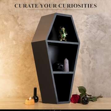 MANNY'S MYSTERIOUS ODDITIES Coffin Shelf with Coffin Gift Box and Spooky Accessories Set - Spooky Coffin Decor 14 by 7 Inches - Black