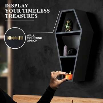 MANNY'S MYSTERIOUS ODDITIES Coffin Shelf with Coffin Gift Box and Spooky Accessories Set - Spooky Coffin Decor 14 by 7 Inches - Black