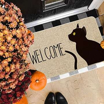 Artoid Mode Black Cat Welcome Decorative Doormat, Pet Halloween Floor Mat Switch Mat for Indoor Outdoor 17 x 29 Inch
