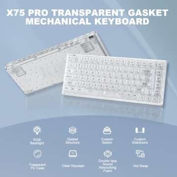 YUNZII X75 PRO 82 Key Wireless Hot Swappable Mechanical Gaming Keyboard with Transparent Keycaps