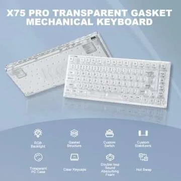 YUNZII X75 PRO 82 Key Wireless Hot Swappable Mechanical Gaming Keyboard with Transparent Keycaps
