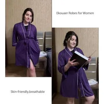 Ekouaer Women Kimono Robes Knee Length Knit Bathrobe Lightweight Soft Sleepwear V-neck Casual Ladies Loungewear