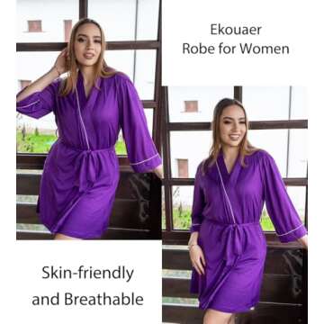 Ekouaer Women Kimono Robes Knee Length Knit Bathrobe Lightweight Soft Sleepwear V-neck Casual Ladies Loungewear