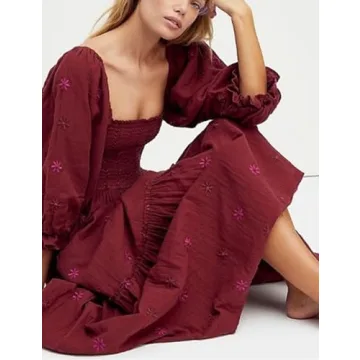 ABYOVRT Floral Maxi Dress with Pockets and Puff Sleeves