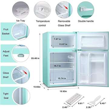 Antarctic Star Compact Mini Refrigerator Separate Freezer, Small Fridge Double 2-Door Adjustable Removable Retro Stainless Steel Shelves Living room/Kitchen/Dorm/Office 3.2 cu ft.Green