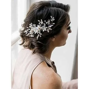 SWEETV Handmade Wedding Hair Comb,Pearl Flower Bridal Hair Clip Hair Accessories for Women Wedding