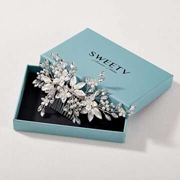 SWEETV Handmade Wedding Hair Comb,Pearl Flower Bridal Hair Clip Hair Accessories for Women Wedding
