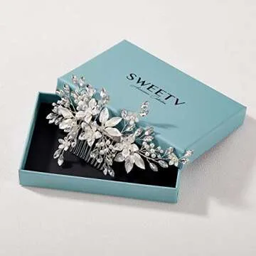SWEETV Handmade Wedding Hair Comb,Pearl Flower Bridal Hair Clip Hair Accessories for Women Wedding