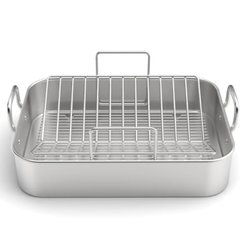 Stainless Steel Roasting Pan, 17*13 Inch Turkey Roaster with Rack - Deep Broiling Pan & V-shaped Rac...
