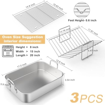 Stainless Steel Roasting Pan, 17*13 Inch Turkey Roaster with Rack - Deep Broiling Pan & V-shaped Rack & Flat Rack, Non-toxic & Heavy Duty, Great for Thanksgiving Christmas Roast Chicken Meat Lasagna