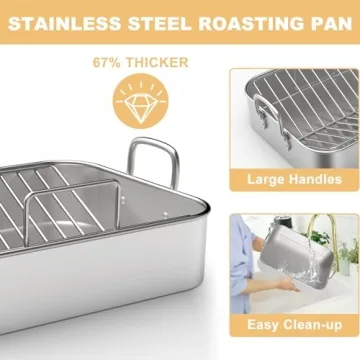 Stainless Steel Roasting Pan, 17*13 Inch Turkey Roaster with Rack - Deep Broiling Pan & V-shaped Rack & Flat Rack, Non-toxic & Heavy Duty, Great for Thanksgiving Christmas Roast Chicken Meat Lasagna