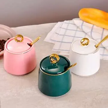 WHJY Elegant Ceramic Sugar Bowl with Lid & Spoon
