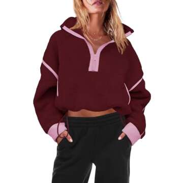 Panadila Womens Half Zip Sherpa Fleece Pullover Soft Oversized Sweatshirt with Pockets Warm Fuzzy Sweater (Burgundy,S)