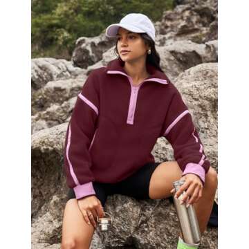 Panadila Womens Half Zip Sherpa Fleece Pullover Soft Oversized Sweatshirt with Pockets Warm Fuzzy Sweater (Burgundy,S)