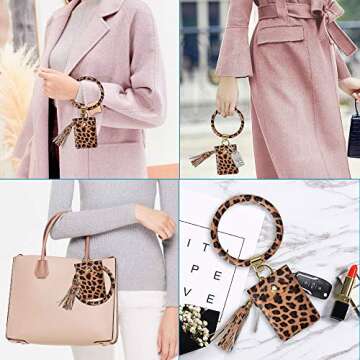 SS Keychain Bracelet,Key Ring Bracelet Wristlet Bangle Circle Leather Tassel Key Ring Chain for Wome...