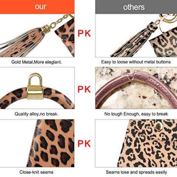 SS Keychain Bracelet,Key Ring Bracelet Wristlet Bangle Circle Leather Tassel Key Ring Chain for Women