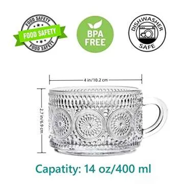 Amzcku Vintage Coffee Tea Cups, Glass Mugs with Spoon and Coasters 14 Oz Set of 2 Embossed Glassware with Handle, for Cappuccino, Latte, Cereal, Yogurt, Beverage Hot/Cold, Milk