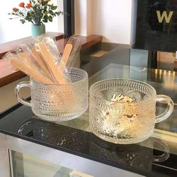 Amzcku Vintage Coffee Tea Cups, Glass Mugs with Spoon and Coasters 14 Oz Set of 2 Embossed Glassware with Handle, for Cappuccino, Latte, Cereal, Yogurt, Beverage Hot/Cold, Milk