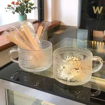 Amzcku Vintage Coffee Tea Cups, Glass Mugs with Spoon and Coasters 14 Oz Set of 2 Embossed Glassware with Handle, for Cappuccino, Latte, Cereal, Yogurt, Beverage Hot/Cold, Milk