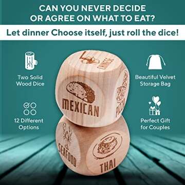 Valentines Day Gift for Couples - Date Night Dice For Couples 2 Engraved Wooden Food Takeout Dice Da...