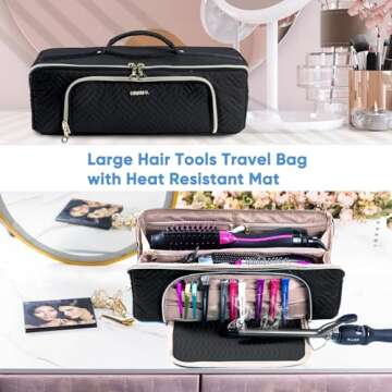 ELCUPA Large Hair Tools Travel Bag with Iron Mat - 2in1 Hair Tools Organizer for Hair Dryer Brush, Flat Irons, Straighteners, Curling Irons, Hair Bag, Makeup Bag, Cosmetic Bag for Travel Essentials