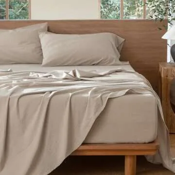 MooMee Bedding Sheet Set 100% Washed Cotton Linen Like Textured Breathable Durable Soft Comfy (Tannish Linen Grey, King)