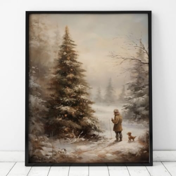 Christmas Vintage Painting Print Winter Rustic Wall Art Farmhouse Christmas Holiday Decor Print Country Christmas Wall Art