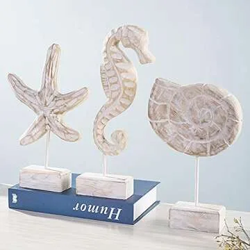 3Pcs Nautical Wood Sculptures for Beach Home Decor