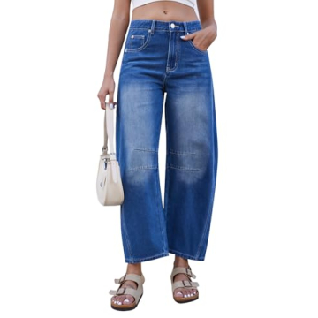 GREAIDEA Mid Rise Barrel Jeans for Women Wide Leg Mid Waist Cropped Denim Pants Y2k Baggy Boyfriend ...