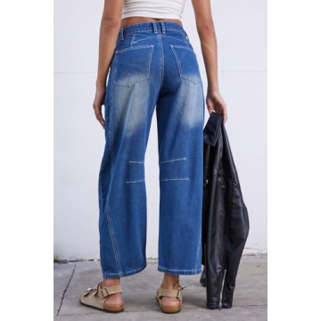 GREAIDEA Mid Rise Barrel Jeans for Women Wide Leg Mid Waist Cropped Denim Pants Y2k Baggy Boyfriend Jeans with Pockets Sapphire Blue