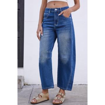 GREAIDEA Mid Rise Barrel Jeans for Women Wide Leg Mid Waist Cropped Denim Pants Y2k Baggy Boyfriend Jeans with Pockets Sapphire Blue