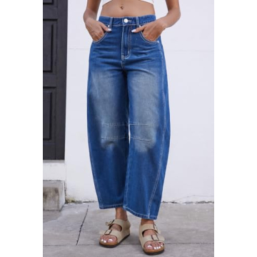 GREAIDEA Mid Rise Barrel Jeans for Women Wide Leg Mid Waist Cropped Denim Pants Y2k Baggy Boyfriend Jeans with Pockets Sapphire Blue