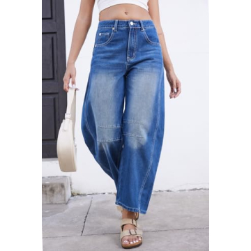 GREAIDEA Mid Rise Barrel Jeans for Women Wide Leg Mid Waist Cropped Denim Pants Y2k Baggy Boyfriend Jeans with Pockets Sapphire Blue