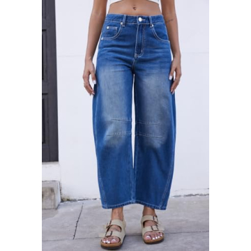 GREAIDEA Mid Rise Barrel Jeans for Women Wide Leg Mid Waist Cropped Denim Pants Y2k Baggy Boyfriend Jeans with Pockets Sapphire Blue