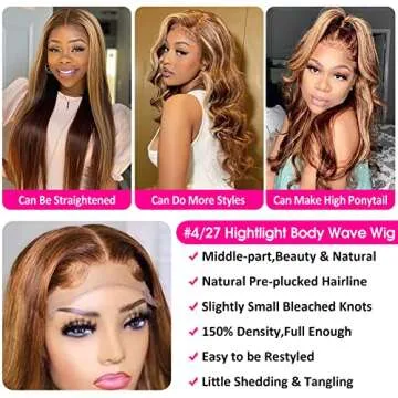 Hedy Ombre Highlight Lace Front Wigs Human Hair Body Wave Wigs for Black Women Pre Plucked with Baby Hair #4/27 Glueless 150% Density 4x4 Lace Closure Human Hair Wigs(22 Inch, #4/27 Highlight Wig)