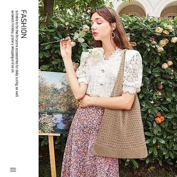 hatisan Crochet Bags for Women Summer Beach Tote Bag Aesthetic Tote Bag Hippie Bag Knit Bag (Khaki)