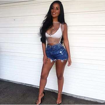 Women Sexy Diamond Mesh Tank Tops Hollow Out See Through Crop Tops for Festival Club Rave Outfit