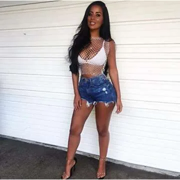 Women Sexy Diamond Mesh Tank Tops Hollow Out See Through Crop Tops for Festival Club Rave Outfit