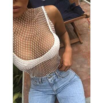 Women Sexy Diamond Mesh Tank Tops Hollow Out See Through Crop Tops for Festival Club Rave Outfit