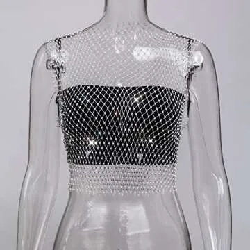 Women Sexy Diamond Mesh Tank Tops Hollow Out See Through Crop Tops for Festival Club Rave Outfit