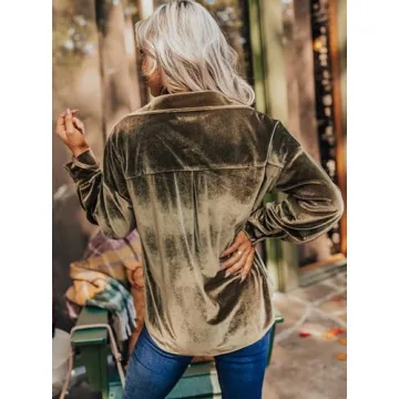 Kedera Womens Vintage Velvet Top Winter Fall Casual Long Sleeve Button Down Wedding Shirts Blouses with Pockets Olive Green
