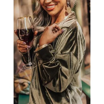 Kedera Womens Vintage Velvet Top Winter Fall Casual Long Sleeve Button Down Wedding Shirts Blouses with Pockets Olive Green